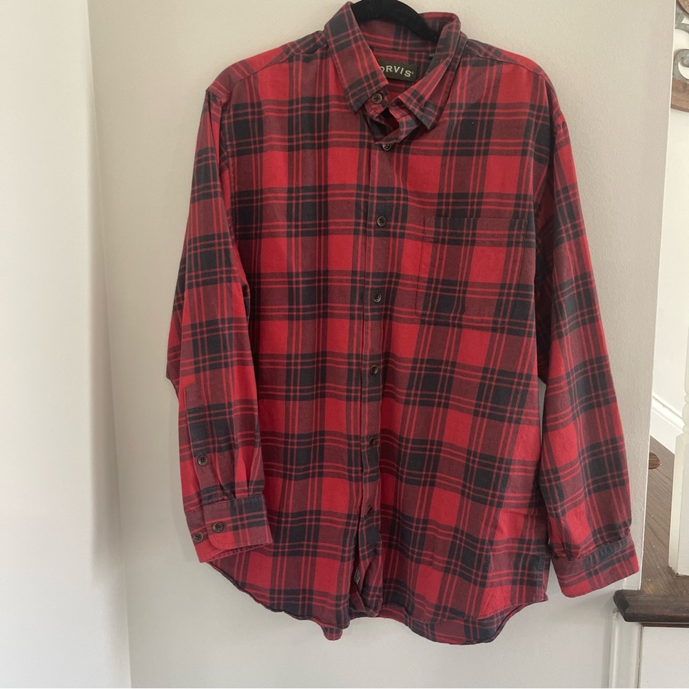 Orvis large‎ plaid red and black long sleeve button down casual